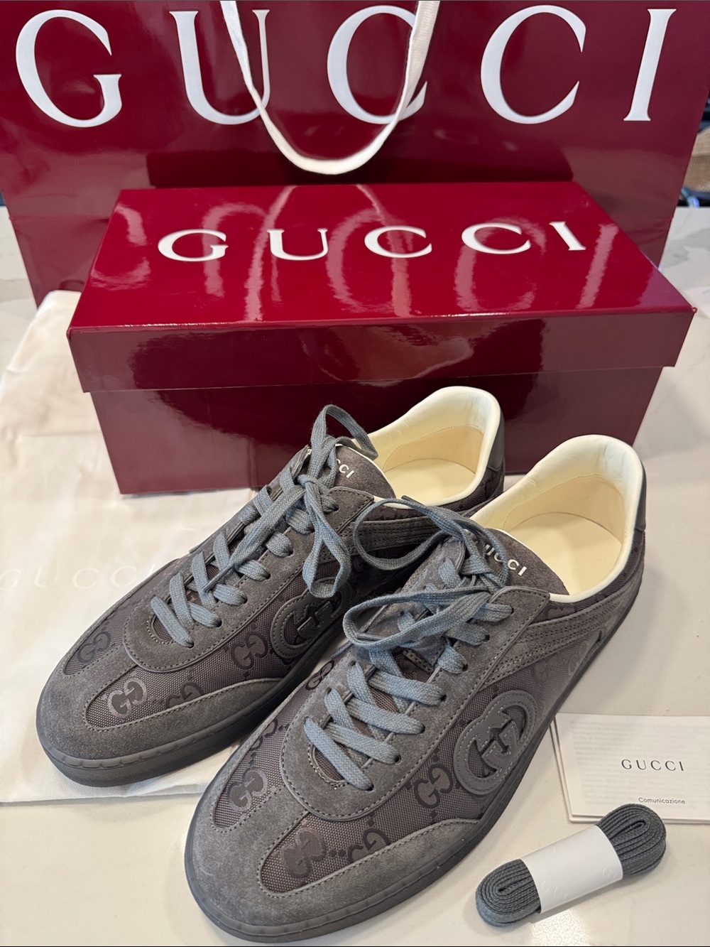Gucci Men’s Gray GG Suede & Canvas Low-Top Sneakers EUR 9 US 10 New